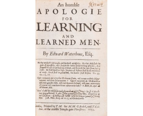 Waterhouse (Edward) An humble Apologie for Learning and Learned Men, first edition, bookplate of Henry B.H. Beaufoy, early ow