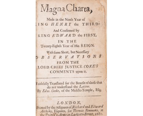 Cooke (Edward),&nbsp;translator. Magna Charta, Made in the Ninth Year of King Henry the Third..., final f. with woodcut devic