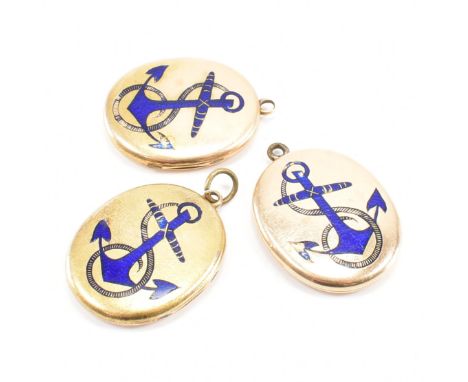 Three Victorian enamel locket pendants. The lockets all having blue enamel anchor and rope decoration, one with hair locket e