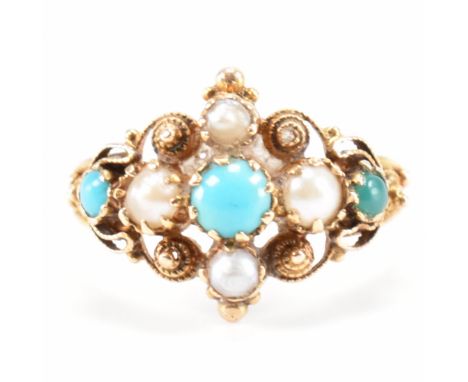 A Georgian turquoise and pearl ring. The ring being set with three round turquoise cabochons and four half pearls within a sc