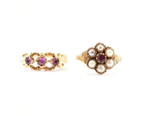 Two 19th Century gold &amp; gem set rings. The first ring having a central rectangular cut pink stone flanked by two round cu