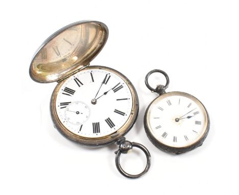 Two hallmarked silver pocket watches. The first watch in the full hunter design having a white dial with Roman numerals &amp;