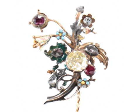 A 19th Century antique diamond, enamel and gold giardinetto pin. The pin having floral detailing to the head with enamelled d