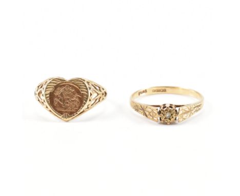 Two hallmarked 9ct gold rings. The rings to include 9ct gold and diamond ring and a heart shaped coin ring. Weight 2.5g. Size