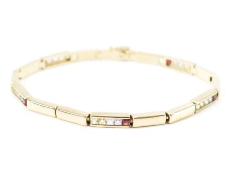 A 9ct gold multi stone tennis style bracelet having a gold bar links interspaced with a row of five square cut stones with bo