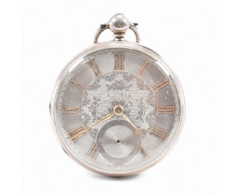 A 19th Century Victorian silver hallmarked open face pocket watch. The watch having an engine turned chapter ring with gilt r