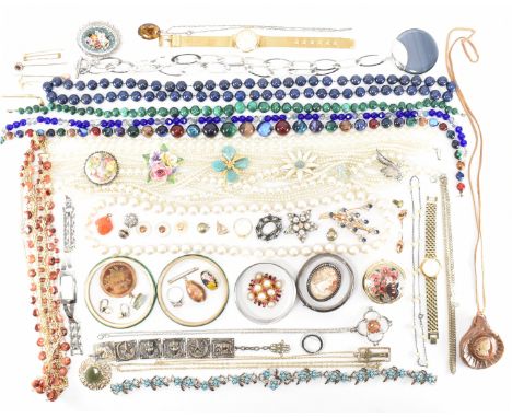 A collection of assorted costume jewellery. The lot to include a lapis lazuli beaded necklace, malachite beaded necklace, egy