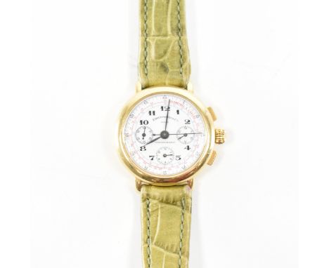 A 18ct gold chronograph wrist watch. The watch having a white enamelled face with three subsidiary dials and three dials to t