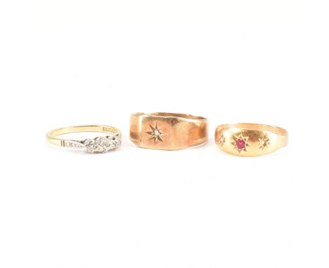 Three 20th Century gold rings. The lot to include an 18ct gold and diamond three stone ring (hallmarked Birmingham 1989, size