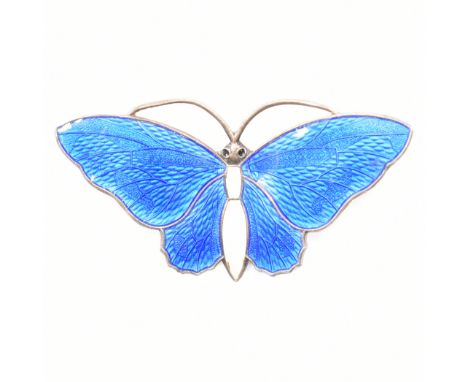 A vintage Norwegian Aksel Holmsen silver guilloche enamelled butterfly brooch pin. The brooch in the form of a butterfly with