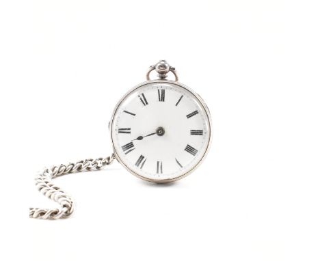A 19th Century Victorian silver hallmarked pocket watch and pocket watch chain. The watch having an open face with with white