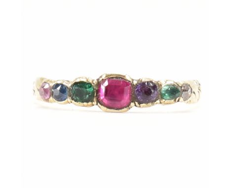 A Georgian gold and gemstone 'dearest' ring. The ring being set with a diamond, emerald, amethyst, ruby, emerald, sapphire an