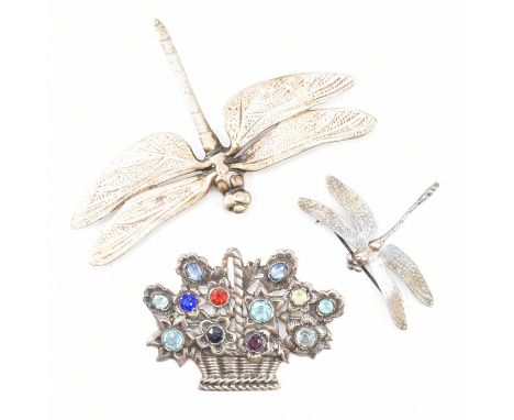 A group of three vintage silver brooches. The lot to include a hallmarked silver & enamel dragonfly on safety clasp verso, ha