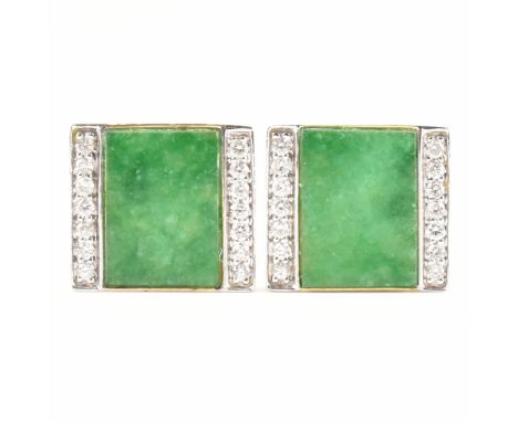 A pair of vintage 14ct yellow gold, diamond &amp; jade earrings. The stud earrings having a central rectangular panel of jade