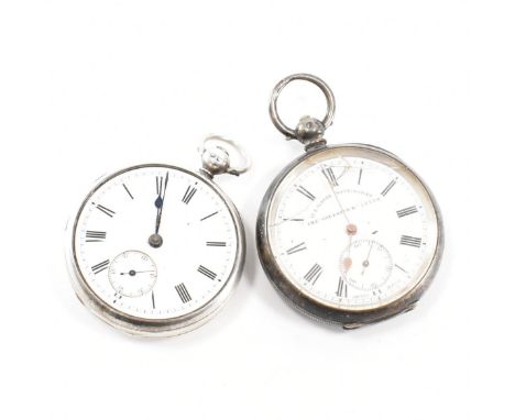Two hallmarked silver pocket watches. The first having a white dial with Roman numeral markers &amp; a subsidiary dial to six