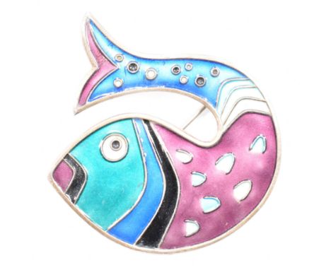 A David Andersen enamelled sterling silver fish brooch pin. The brooch in the form of a brightly coloured fish enamelled in p