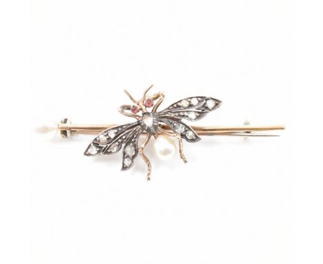 A 19th Century Victorian diamond and pearl bug brooch. The brooch having a pearl finial with an insect to the centre set with