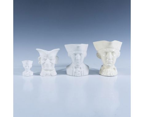 A set of four character jugs in different shades of white, each featuring figures from colonial times. Marked American Potter