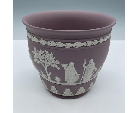 Lilac English pottery planter. In white cameo reliefs: Sacrifice figures and Offering to peace scenes. Wedgwood impressed mar