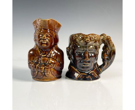 Glossy brown pottery includes Davy Crockett Ceramic mug 4.5"H and toby jug 6"H. Impressed mark Rockingham Harker 1840. Larges