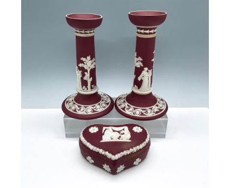 Beautiful group of English pottery in crimson red and white dip with gorgeous white cameo reliefs. Includes a pair of pedesta