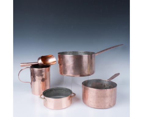 Lot includes large cooking pot with hammered copper handle 5"H x 10" dia., medium cooking pot with hammered handle 4"H x 7" d