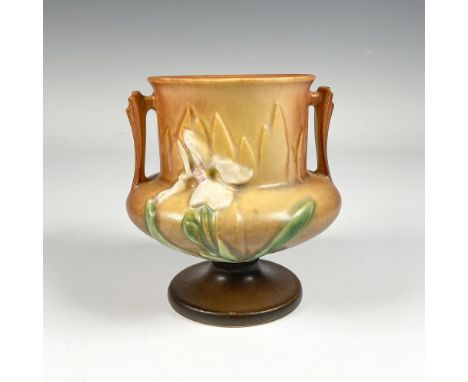 Elegant Planter designed with a serene flower growing alongside the body of the vase. Covered Roseville backstamp on the bott