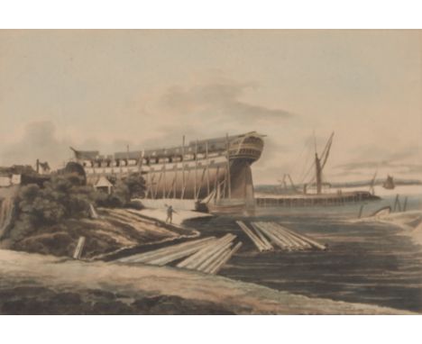 After J. Smart and engraved by R Pollard, hand coloured aquatint "Portrait of The East Indiaman, Built At Mr Bayley's Shipyar