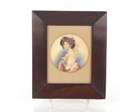 19th Century school, portrait study of a young woman, unsigned watercolour mounted as an oval in rosewood frame; and a portra
