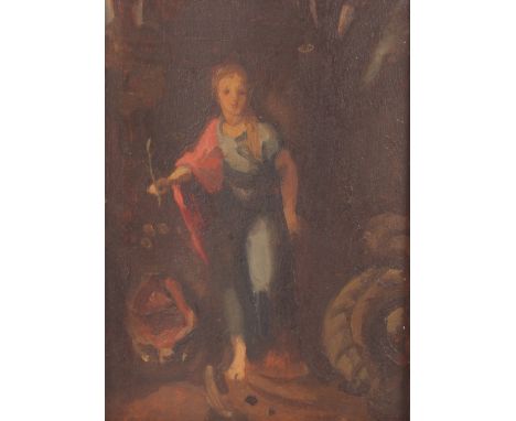 19th Century school, study of a lady in a pink cloak holding a flower, unsigned oil on board, 20cm x 15cm&nbsp;