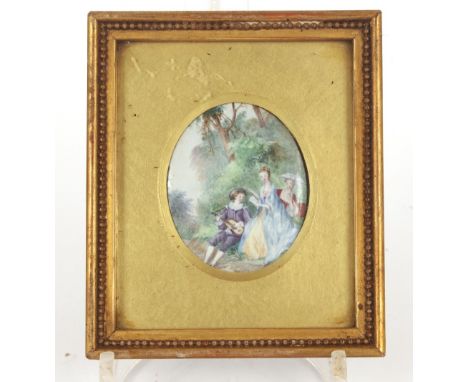 A pair of miniature paintings, depicting figures in a garden setting, contained in gilt frames; a miniature portrait of a lad