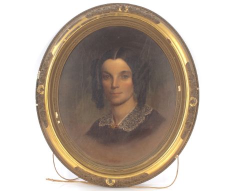 William Sawyer 1820-1889, oval portrait study of a young woman with ringlets in her hair and lace collar, signed oil on canva