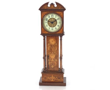 An Edwardian inlaid rosewood timepiece, in the form of a miniature long case clock, 43cm high&nbsp;
