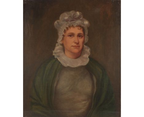 English school 19th Century half length portrait study of a lady wearing a lace bonnet, unsigned oil on canvas unframed 76cm 