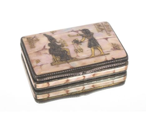 A continental silver gilt and enamel decorated hinged box, the lid decorated with Egyptian figures and hieroglyphics with eng