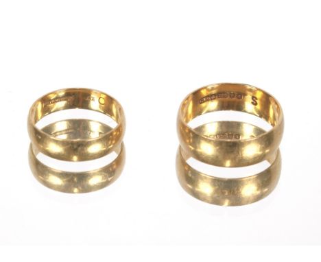 Two 18ct gold wedding bands, approx. 9.2gms; a pair of yellow metal hoop ear-rings and a circular yellow metal, enamel and se