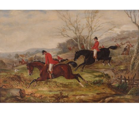 Attributed to Robert Stone 1820 -1870, hunting scene unsigned oil on canvas in maple frame, 31cm x 46cm&nbsp;