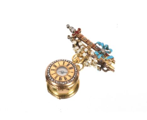 An 18ct gold half hunter fob watch by Henry Lewis&amp; Co., having diamond and enamel decoration hung to a diamond and enamel