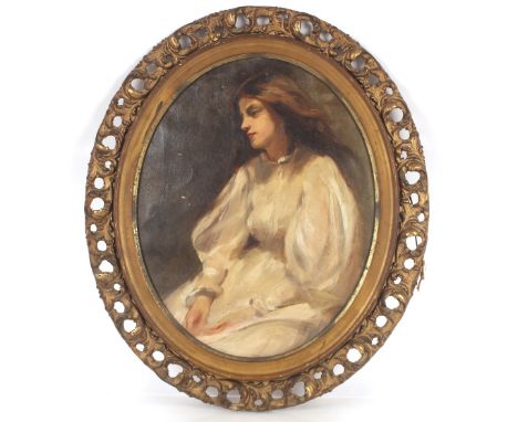 20th Century school, oval portrait study of a young girl, unsigned oil on canvas, 50cmx 39cm overall in gilt pierced frame&nb