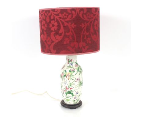 A Canton pattern baluster table lamp, and red shade