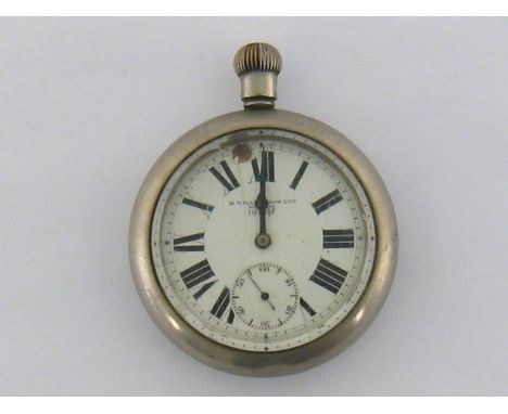 A WWI military issue open faced 18 size nickel pocket watch by H. Williamson Ltd, the white enamel dial numbered 10483F, with