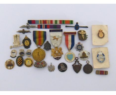 A group of military and civilian medals, brooches, badges and buttons including a Great War medal to Sapper J. Manning, Royal