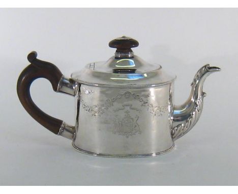 A George III Scottish presentation oval silver teapot by James Welsh, Edinburgh, 1778, acanthus leaf-embellished spout and be