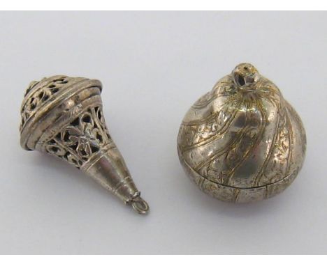 Judaica:- a Continental parcel-gilt silver spice container, unmarked, circa 1760, of squat pear form engraved with alternate 