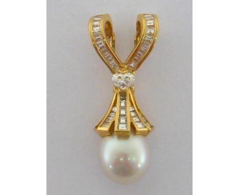 A South Sea cultured pearl and diamond pendant clasp, the pearl 12mm diameter, surmounted by a skirt and double hoop mount ch