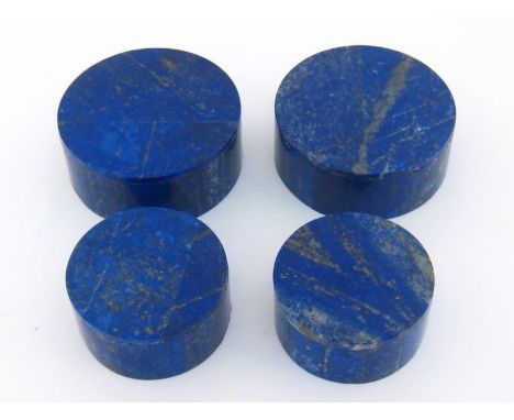 Two pairs of lapis lazuli circular trinket boxes, each with white marble lining, 5.2 and 6.8cm diameter 