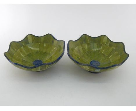 A pair of lapis lazuli and jade bowls, of panelled construction, 21cm diameter 