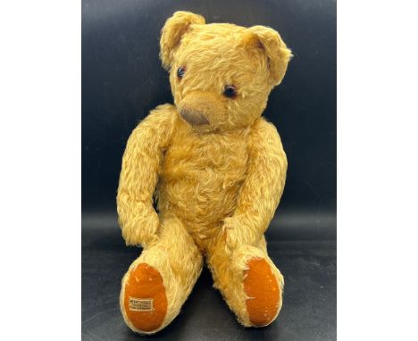  Merrythought 1930's bear with wish bone button to ear, mohair golden fur, original stitching fully jointed and label to foot
