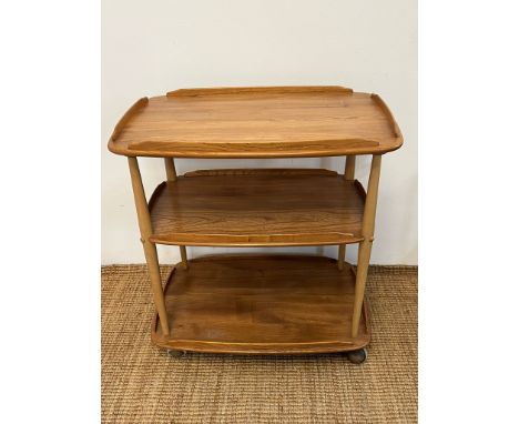 An Ercol Windsor light elm three tier trolly with lipped edges (76cm x 66cm x 42cm)