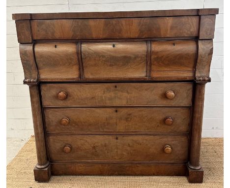 A Victorian mahogany Scotch chest of drawers with  walnut veneer, three Bonet drawers above three further long drawers 9H123c